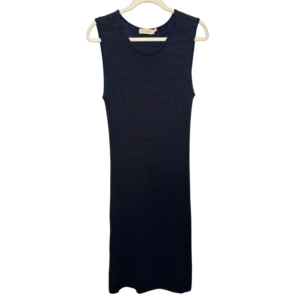 Tory Burch Penelope Pointelle Knit Slip Lined Bodycon Dress Navy Size Medium EUC